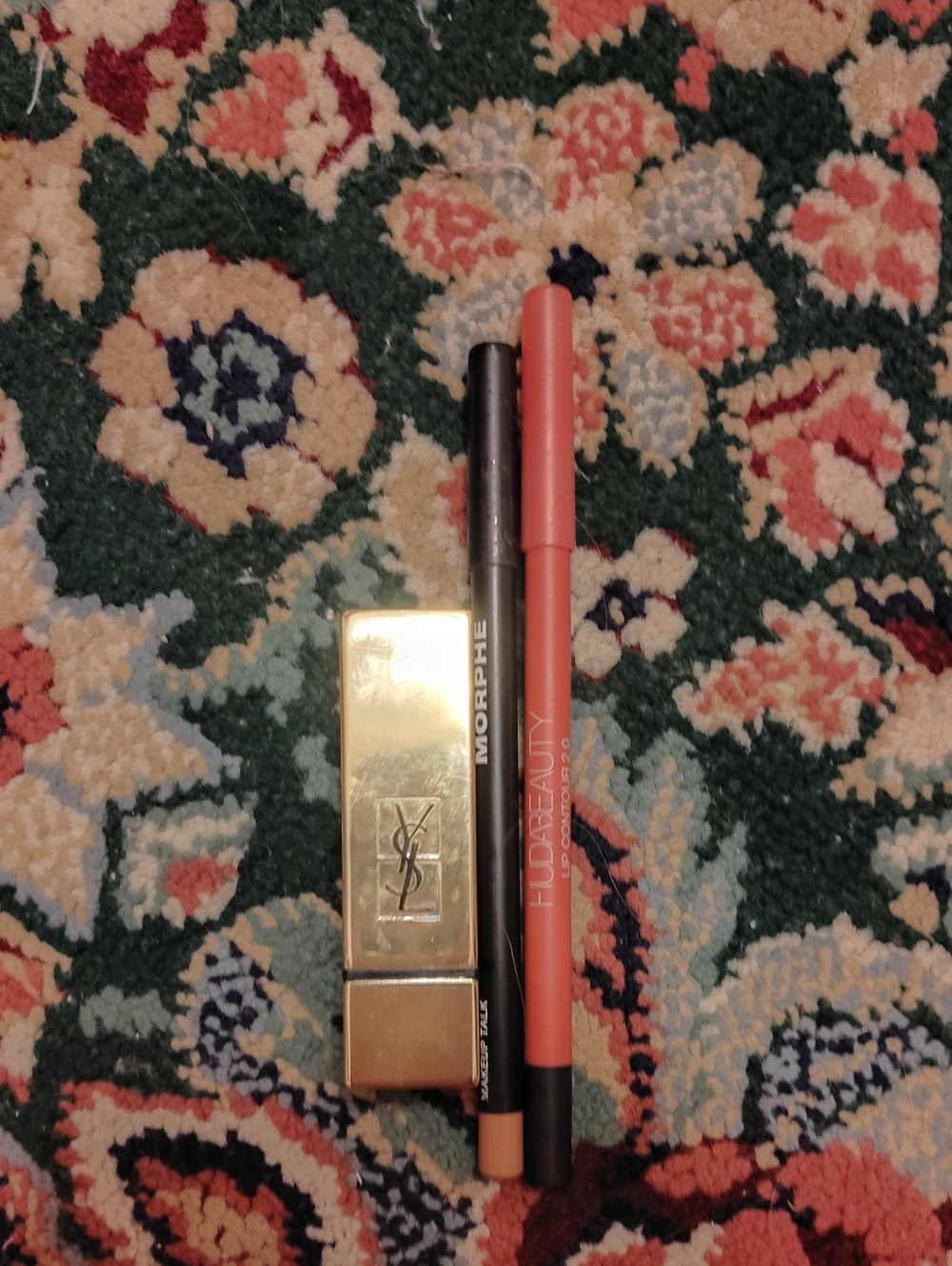 Yves Saint Laurent Lipstick, Huda Beauty Lip Contour, Morphe Lip Liner